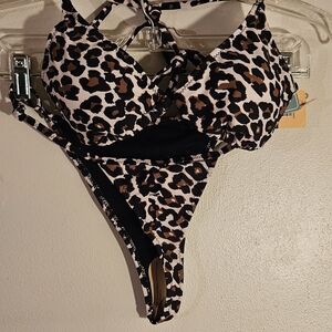 Leopard Print Underwire Bikini Set - Brown & Black